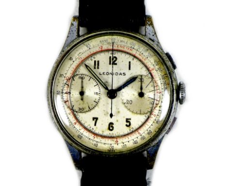 A Leonidas chrome cased gentleman's chronograph wristwatch, circa 1950s, with stopwatch function, the circular silvered dial 