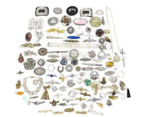 A group of gold, silver and costume jewellery, including a 9ct gold bar brooch, 1.5g, 50.3mm long, a brooch with marked pin, 