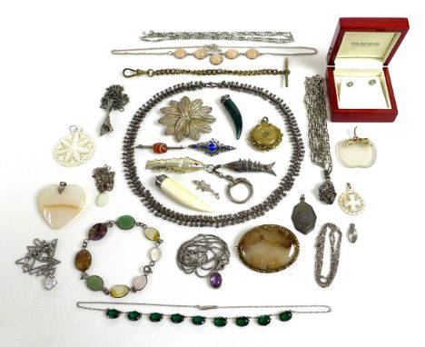 A collection of mostly silver and white metal jewellery, including a Marius Hammer silver and blue enamel brooch, a/f, a silv