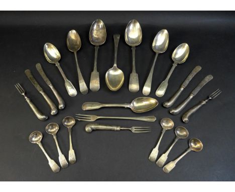 A selection of Georgian and later silver and silver plated cutlery, including a set of six fiddle pattern mustard spoons, the