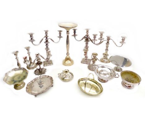 A collection of silver plated items, including a silver plated ashtray stand, 23 by 53cm high, five candelabras of different 