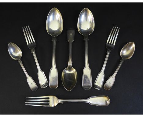 A part set of William IV silver cutlery in threaded fiddle pattern, all the terminals engraved with crest of panther head bef