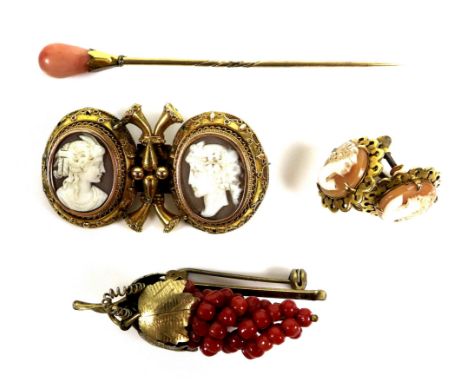 A collection of gold, coral and cameo jewellery, to include a late 19th century double cameo yellow metal brooch, Etruscan re