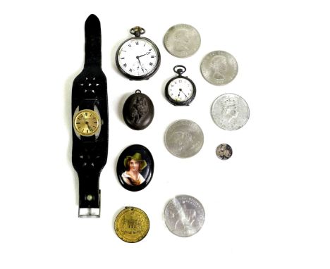 A group of watches, costume jewellery and coins, comprising a Buren Watch Company silver cased,  open faced, keyless wind, po