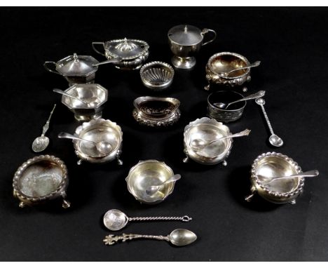 Thirteen Victorian and later silver salts and mustard pots, including a six cauldron style salts, the largest with rubbed mon