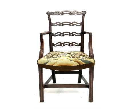 Chippendale style ladder back armchair, shaped reeded arms, supports and stretcher, upholstered in patterned fabric Dimension