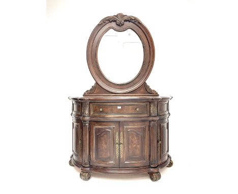 Kevin Charles American walnut demi lune shaped mirror back side cabinet with inset marble top, single drawer above central do