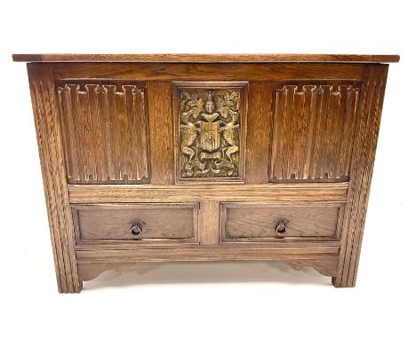 Late 20th century oak mule chest, single hinged lid above two drawers, carved panel frontDimensions: Height:&nbsp;72cm&nbsp; 