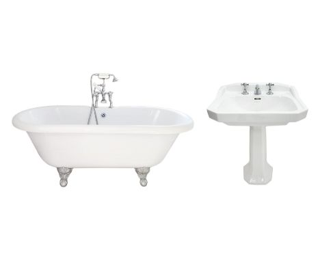Roll top bath on ball and claw feet with chrome mixer tap and shower head attachment (W76cm, H68cm, L170cm)  and Pedestal bas