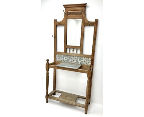 Edwardian walnut hallstand with centre mirror and tiled back, sing, single marble shelf, turned supports joined by undertier,