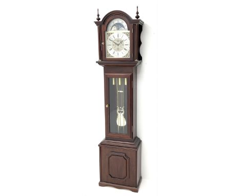 Fenclocks Suffolk - contemporary mahogany longcase clock, stepped arch hood with plain pilaster columns, moon phase dial and 