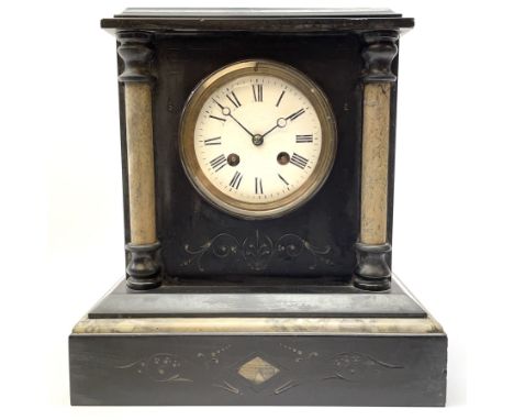 Victorian black slate and marble mantel clock, circular Roman dial enclosed by two marble pilasters, decorative engraving, tw