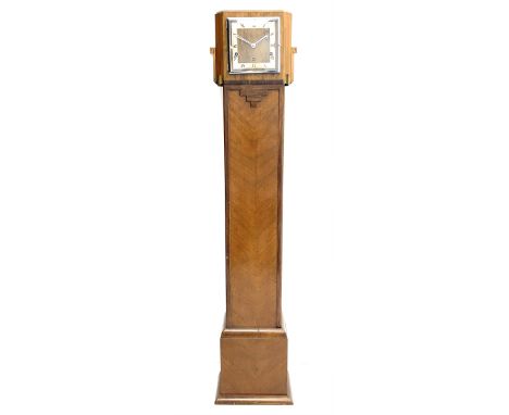 Art Deco period walnut grandmother/mantel clock, the removable mantel clock with square dial and silvered Roman chapter ring,