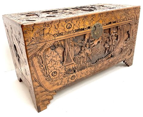 Early 20th century camphor wood chest, heavily carved depicting urban scene, bracket supports Dimensions: Height:&nbsp;58cm&n