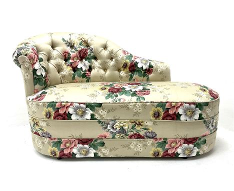 Small 20th century chaise longue upholstered in a deep buttoned 'Cookham' fabric, an original screen print by SandersonDimens