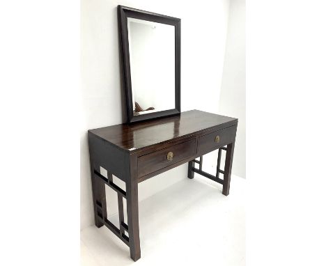 Hardwood console table, two drawers, square supports (W120cm, H80cm, D49cm) with mirror (W62cm, H82cm)