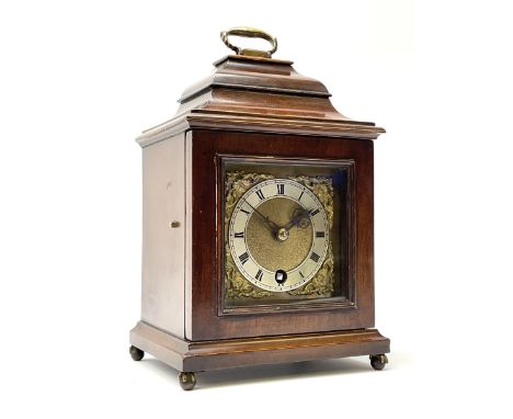 Late 20th century mahogany case bracket time-piece clock, sarcophagus top with handle, brass dial with Roman chapter ring and
