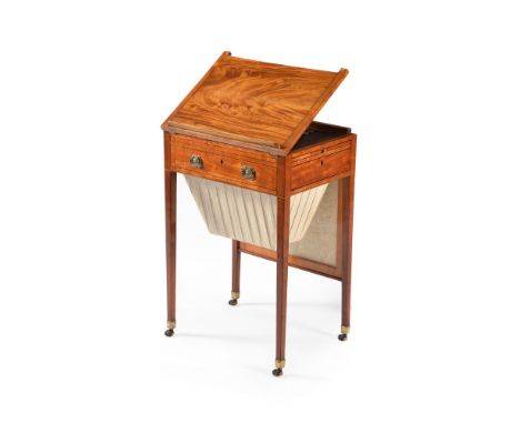 A George III satinwood work table, circa 1790, the rectangular hinged ratchet adjustable top above a slide at each end and a 