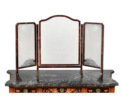 ϒA tortoiseshell and mahogany triptych dressing mirror, second quarter 20th century, the arched and angle adjustable central 