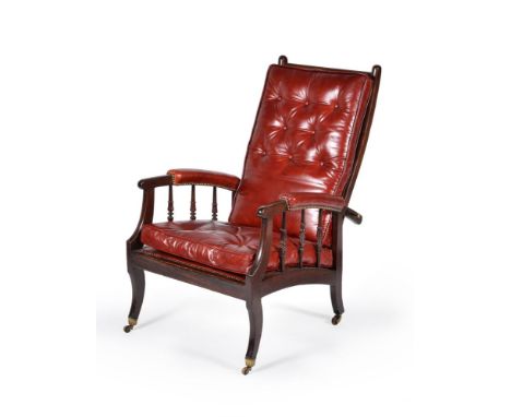 A Victorian mahogany reclining armchair, second half 19th century, in manner of Morris &amp; Co, the hinged 'ladder' back rec