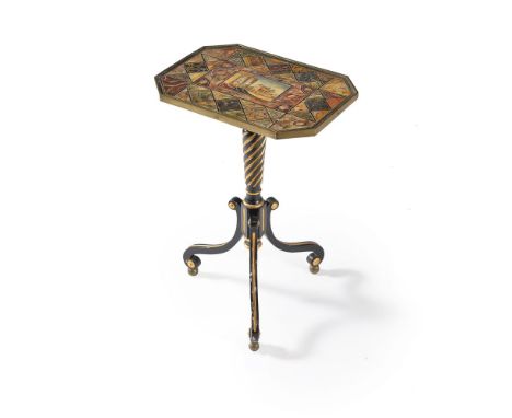 A Regency ebonised and parcel gilt tripod table, circa 1815, the octagonal top painted to simulate scagliola of various marbl