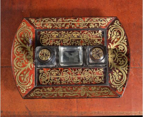 ϒA Regency brass and scarlet tortoiseshell inlaid ink stand, circa 1815, in the manner of George Bullock, directly after desi