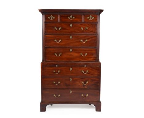 A George III mahogany chest on chest, circa 1780, the dentil moulded cornice above three short and three long graduated drawe