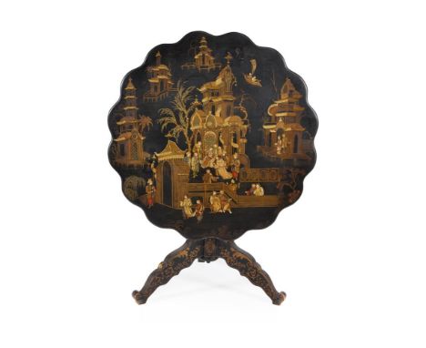 A black lacquer and chinoiserie decorated tripod table, mid 19th century, decorated throughout with figural scenes in traditi