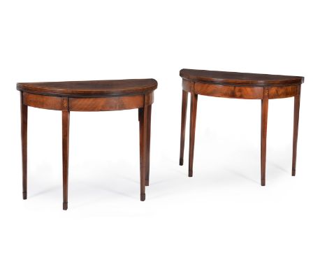 A pair of George III mahogany, satinwood crossbanded and painted card tables, circa 1790, each hinged demi-lune top with bord