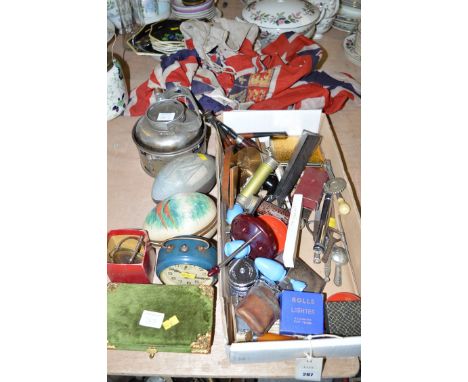 Collectables: smoking pipes; vintage bunting; a camping kettle; bottle openers; etc.