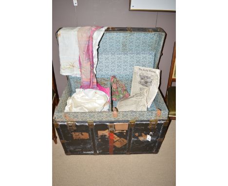 A late 19th/early 20th Century metal bound ' Neverbreak' trunk, inscribed J. Dean, with interior fitted trays and lined with 