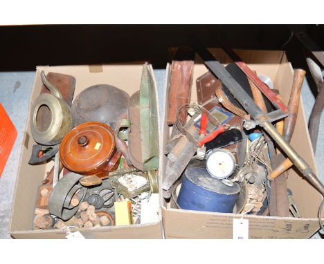 A quantity of gardening tools; kitchenalia; plated items; an alarm clock, etc. in two boxes.