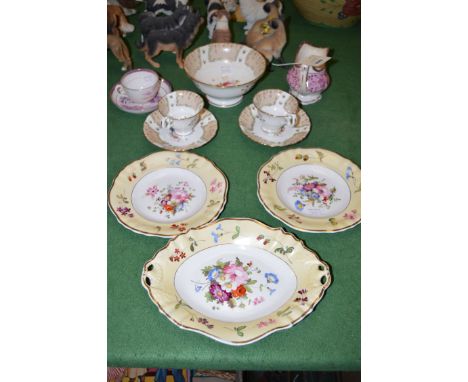 A collection of 19th Century decorative tea cups, saucers, plates and a sugar bowl; and a Lustreware jug. (11)