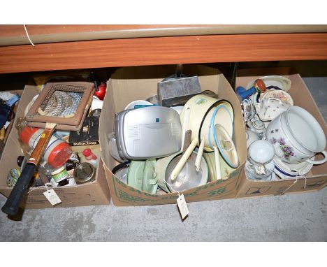 Kitchenalia to include: enamel saucepans, mixing bowl; together with sundry china, in three boxes.