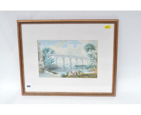 A 19th Century watercolour - A steam engine on a bridge over a river with fisherman on the shoreline.