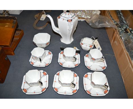 A Shelley fifteen-piece Art Deco coffee set, pattern no.11497T, comprising: six cups and saucers, cream and sugar, and a coff