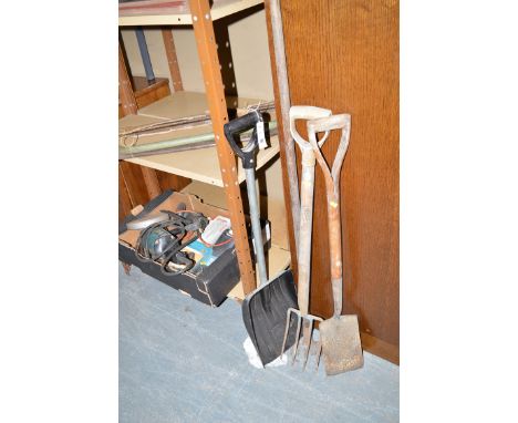 Two electric angle grinders; garden sprayer; jerry can and garden tools.