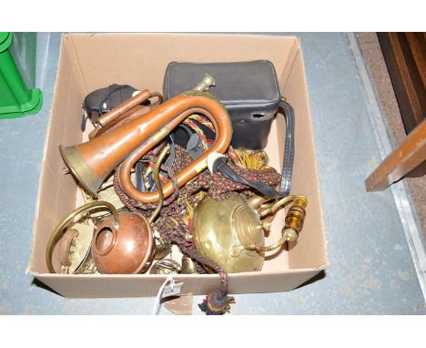 A copper and brass bugle, by Hawkes & Son stamped '21760'; together with a quantity of antique and modern copper, brassware a