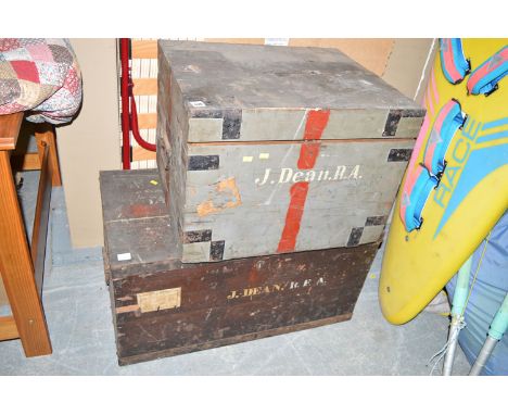 Two painted travelling trunks, with metal bindings marked to "J. Dean, R.A.".