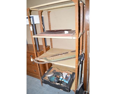 Two metal shelving units; together with a small quantity of tools, including: saws and grinders.