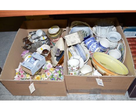 Decorative china: 'Willow' pattern tea cups and saucers, Royal Adderley ornaments, commemorative ware, and sundries, in two b