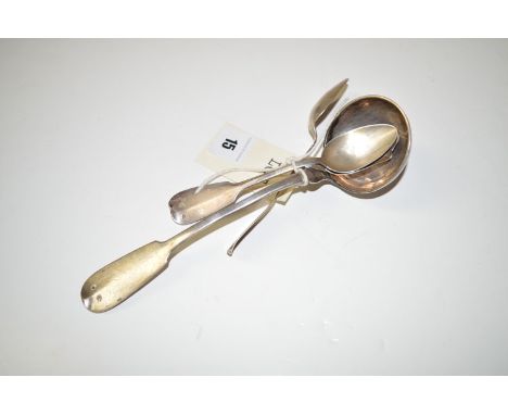 An Austrian silver ladle, by G.K., 21cms. long, 1.9oz; together with three Austrian silver teaspoons, 1.7oz.