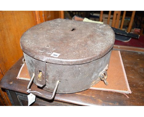 A Second World War period iron horse shoe shaped box, by Beaumont & Wood Ltd, with broad arrow mark above 1948, fitted with a