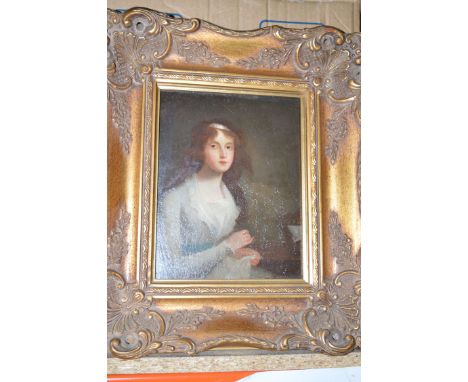 19th Century English School - Oil painting, portrait of a lady with green sash, in ornate frame.