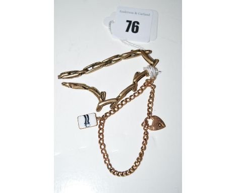 A yellow metal curb link bracelet, with 9ct. gold clasp; together with a flexi baton strap.