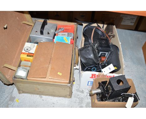 A collection of cameras and accessories; and a magic lantern; etc, in two boxes.