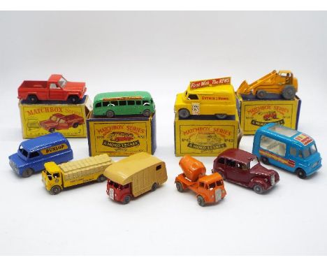 Matchbox, Lesney, Moko -10 Matchbox Regular Wheels, four of which are boxed. Boxed examples include Matchbox #71 Jeep Gladiat