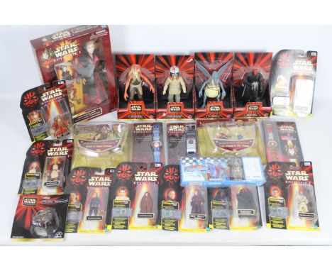 A collection of Star Wars Episode 1 boxed action figures to include - Darth Maul, official watches, Queen Amidala and similar
