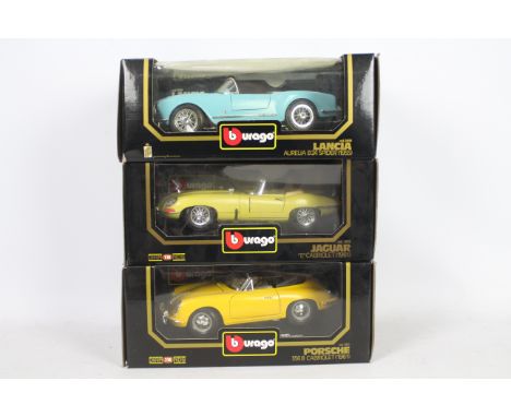 Bburago - 3 x boxed 1:18 scale models, Porsche 356B Cabriolet # 3031, Lancia Aurelia Spider # 3010, Jaguar E Type # 3026. The