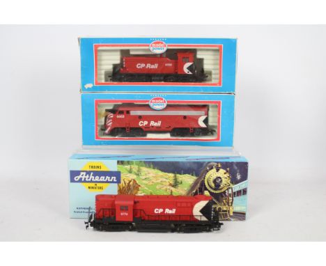 Athearn - Model Power - 3 x boxed HO Gauge locos in CP Rail livery, an F-9 Diesel number 6602, an EMD SW1 Diesel and an Alco 